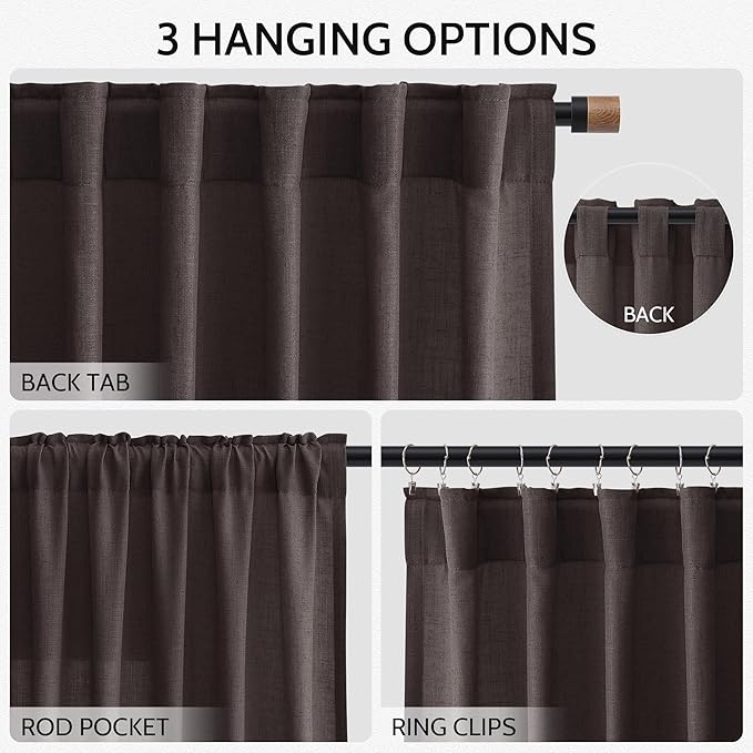 Nanspring Cocoa Coffee Curtains 102 Inches Long, Back Tab Linen Blend Light Filtering Semi Sheer Privacy Drapes for Living Room & Bedroom, 52x102 inch, 2 Panels