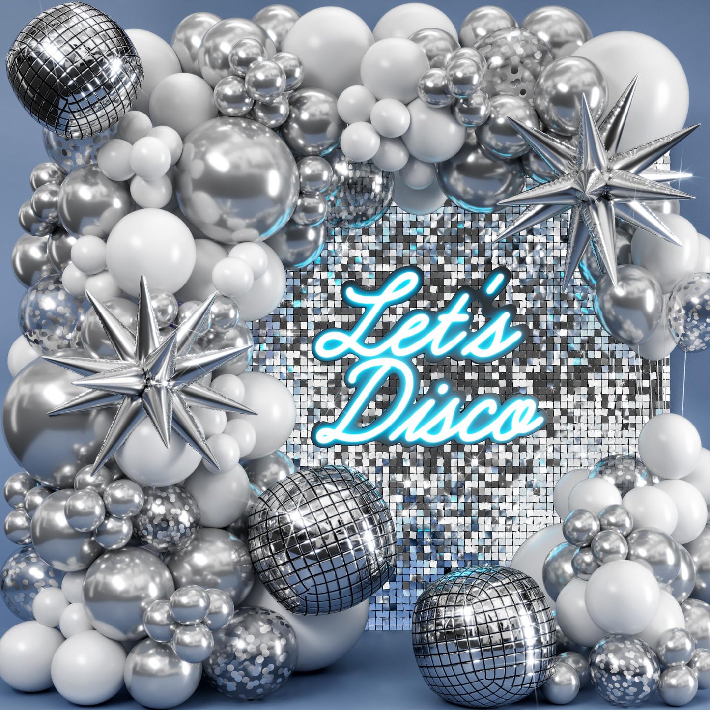 ALL-IN-1 Disco Balloon Arch Kit with BONUS Disco Ball Balloon for Party Decorations - Silver & White Balloons Garland for Disco Ball Party Decoration & Silver Party Decorations -Disco Balloons