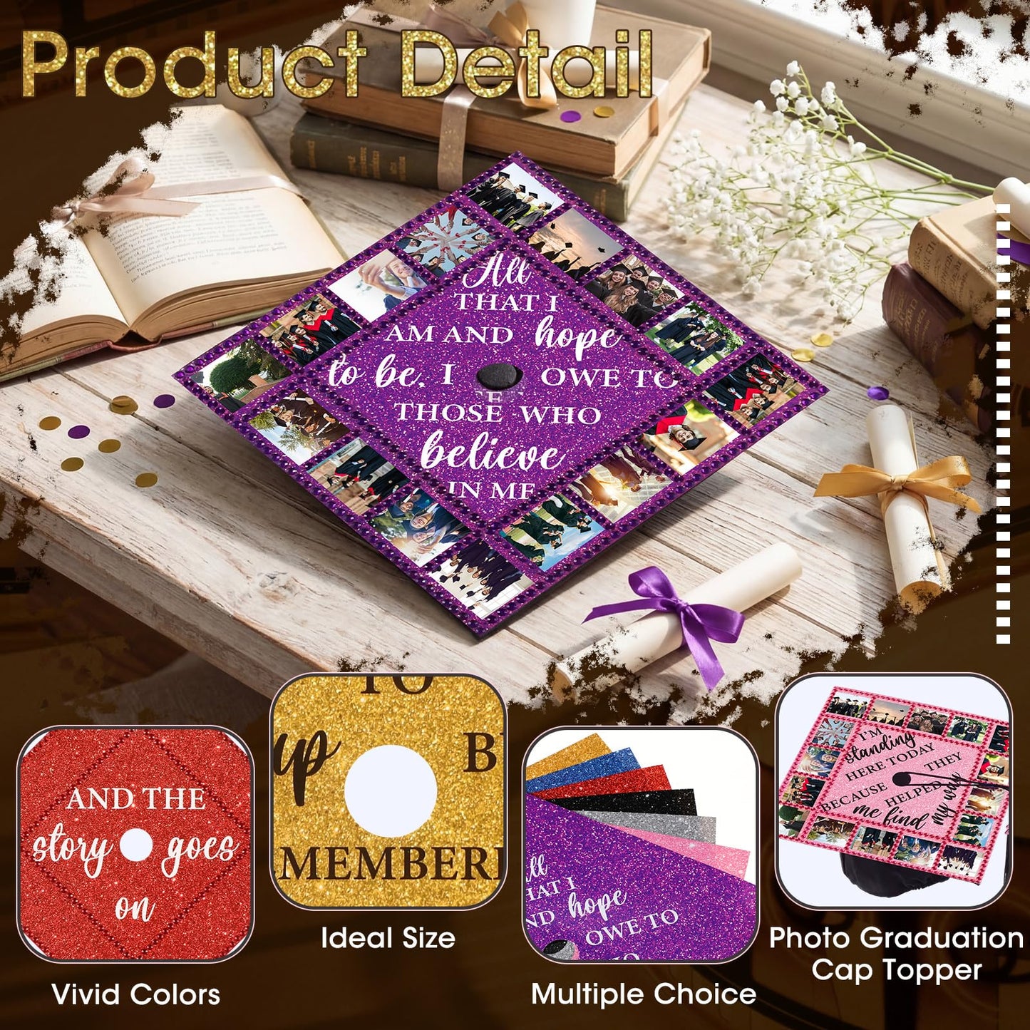 Gersoniel 14 Pcs DIY Photo Graduation Cap Topper Decorations with 7 Sheet Pearl Stickers 2026 Personalized Glitter Printed Design Inspirational Cap Topper Decal for Graduation Craft Accessories Decor