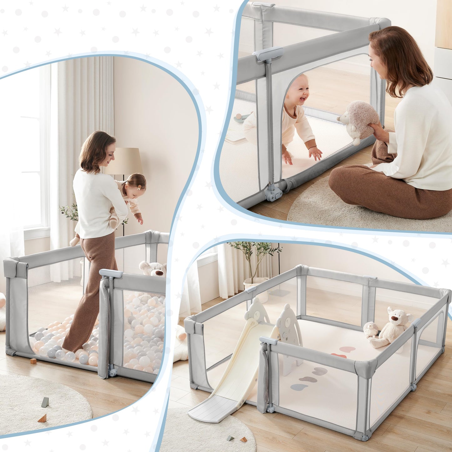 Sweeby Baby Playpen, 59x59 Inch Baby Gate Foldable Playpens for Babies and Toddlers, Extra Large Playpen with Door Play Yard for Kids Fence Indoor and Outdoor Play Pen, Gray