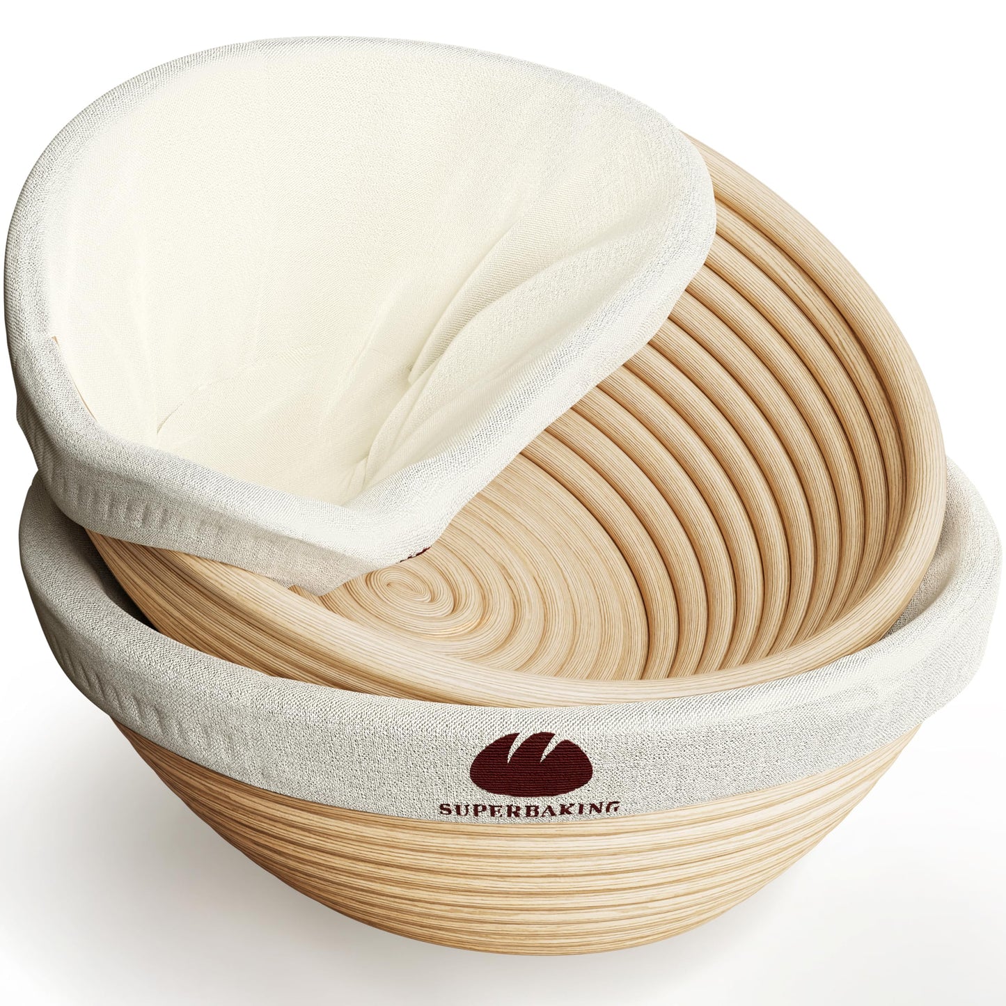 Superbaking 2 pcs Banneton Bread Proofing Basket, 9" Splinter-Free Round Rattan Bread Basket with Liners, Sourdough Starter Kit, Sourdough Bread Baking Supplies & Sourdough Kit, Bread Making Tools