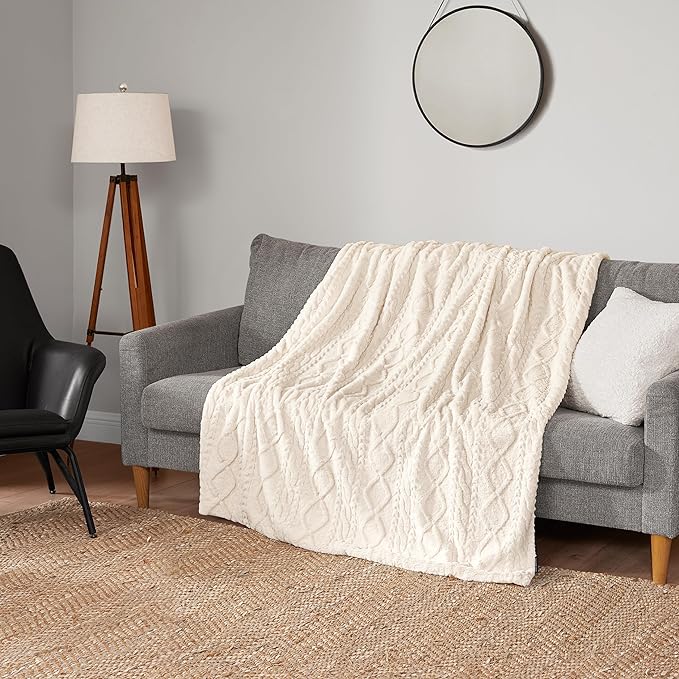 Lucky Brand Embossed Cable Rabbit Faux Fur Throw Blanket - Ivory - 50"X70" - Plush & Soft