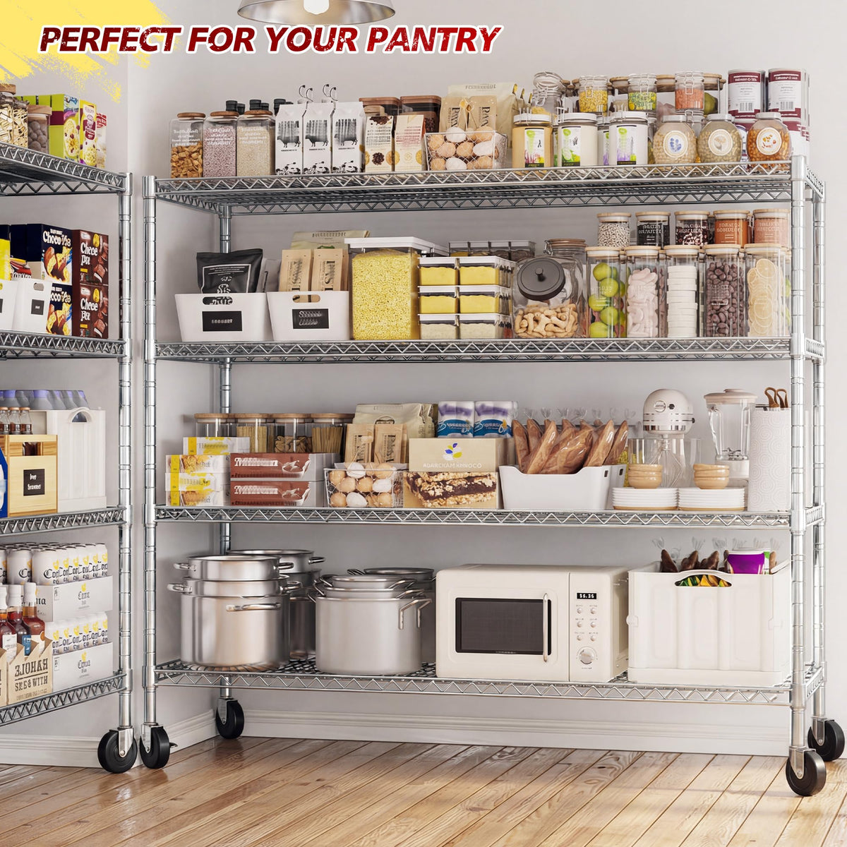 55.5''W Storage Shelves 2500LBS Wire Shelving Unit with Wheels Heavy Duty Metal Shelves for Storage Adjustable Garage Storage Rack Pantry Shelf Kitchen Shelving (4 Count)