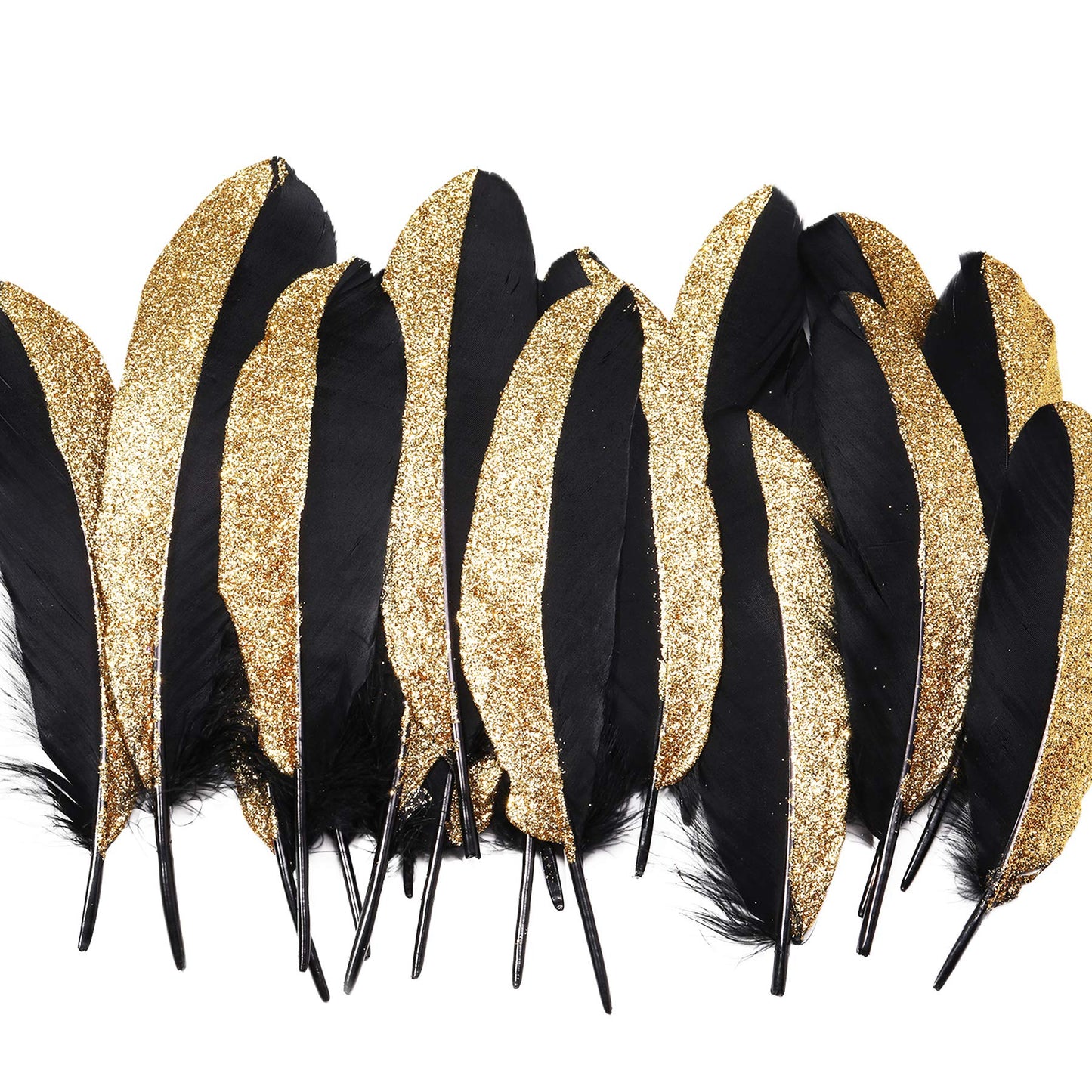 BABEYOND 42 Pcs 1920s Gatsby Gold Dipped Feather Natural Décor Glitter Feather for 20s Party Decoration Wedding Decoration (Black & Gold)
