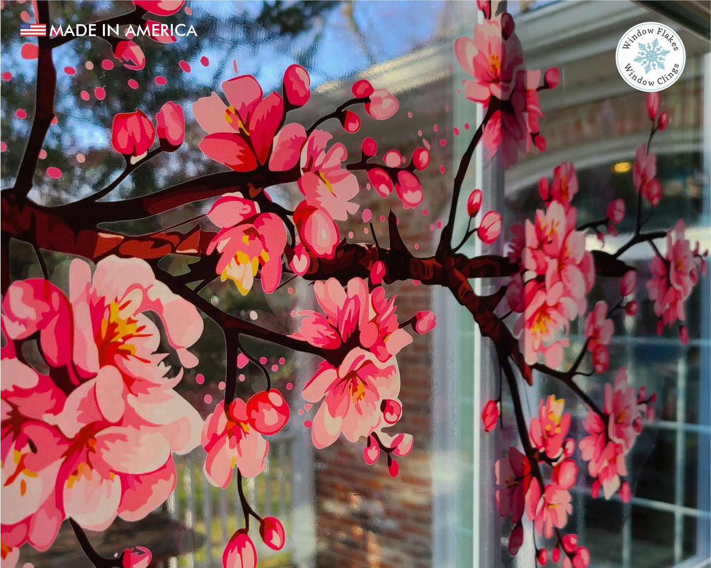 Window Flakes Cherry Blossom Window Clings - 2 Large 40" x 12" Spring Floral Border Decals - Double Sided UV Print Static Cling for Glass - Bird Strike Prevention Sakura Branch Decor - Made in USA