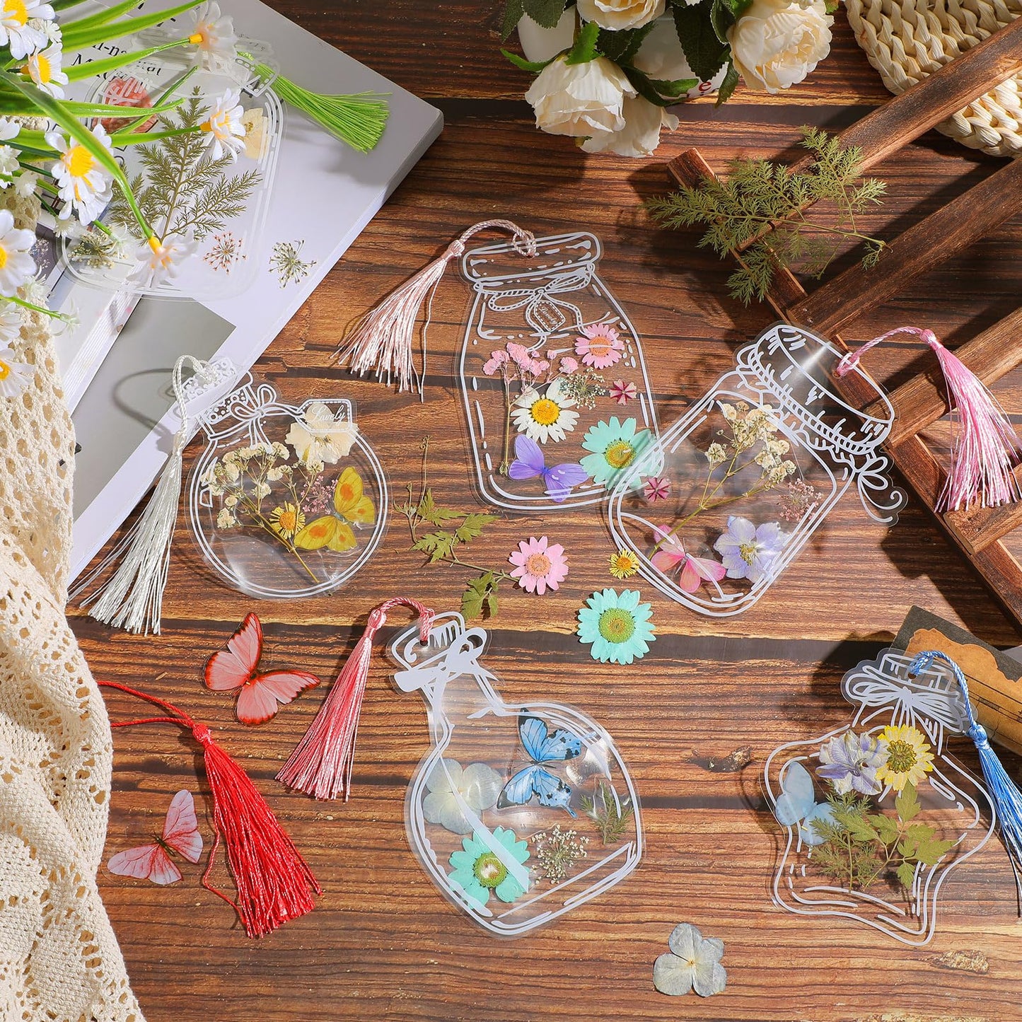 TaoBary 152 Pcs DIY Transparent Dried Flower Bookmark Set Handmade DIY Bookmarks with Dried Pressed Flowers Leaves Butterfly Stickers Colorful Tassels and Tweezers for Reader Writer(Macaron Color)