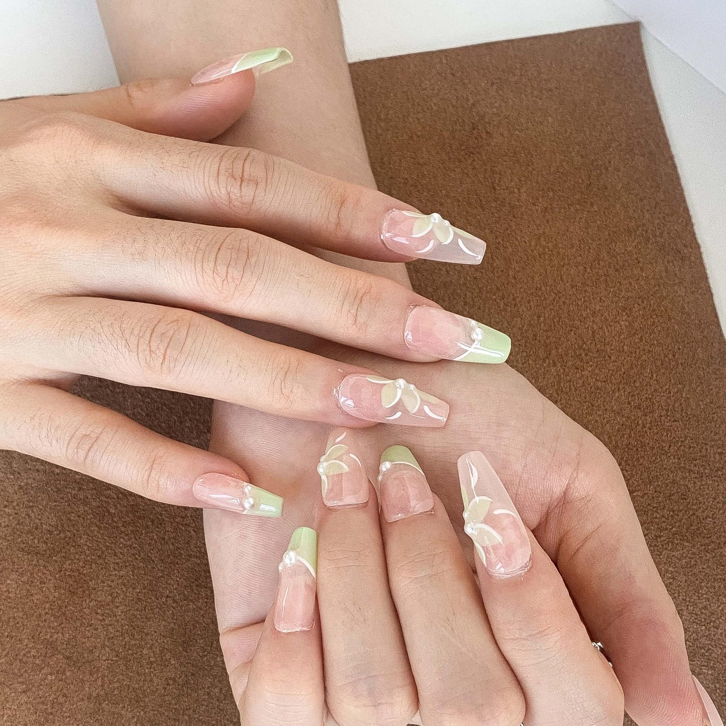 GLORS Long Ballerina Press On Nails, Pearl-Decorated Pink and Green French Tips, Handmade False Nail 10 Pieces (Small,LB)
