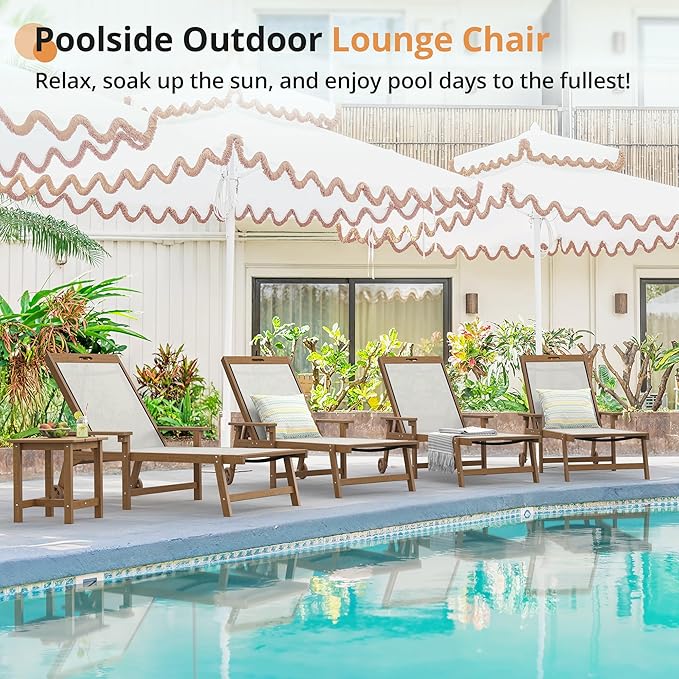 LUE BONA Chaise Lounge Chair Outdoor Set of 4, HDPS and HDPE Wicker Chaise Lounger with 5 Positions, Pool Lounge Chairs with Wheels and Adjustable Backrest for Patio, Poolside, Deck, Backyard