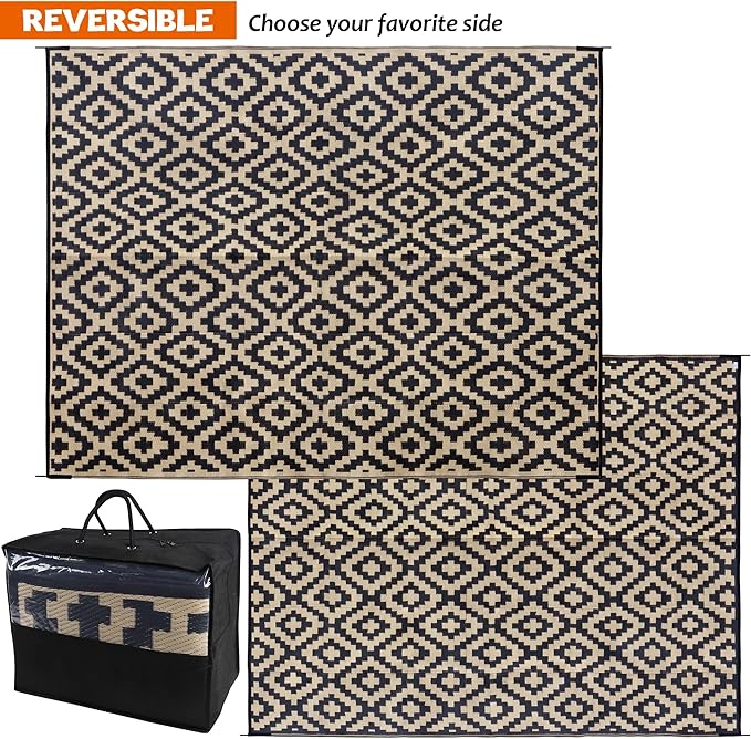 SAND MINE Waterproof Outdoor Rug 8x10 ft, Plastic Reversible Rug, Modern Area Rug, Large Floor Mat for Outdoors, RV, Patio, Backyard, Deck, Picnic, Beach, Camping, Black & Beige