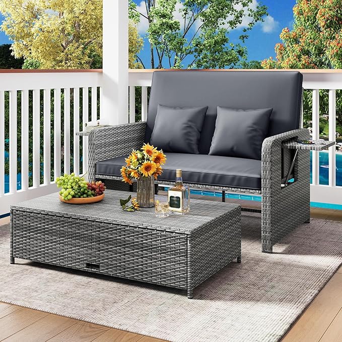 HAPPYGRILL Patio Rattan Wicker Daybed with Loveseat & Storage Ottoman, Outdoor Lounge Sofa Furniture Set with Adjustable Backrest & Side Trays, for Poolside Deck Porch Lawn (Mix Grey & Grey)