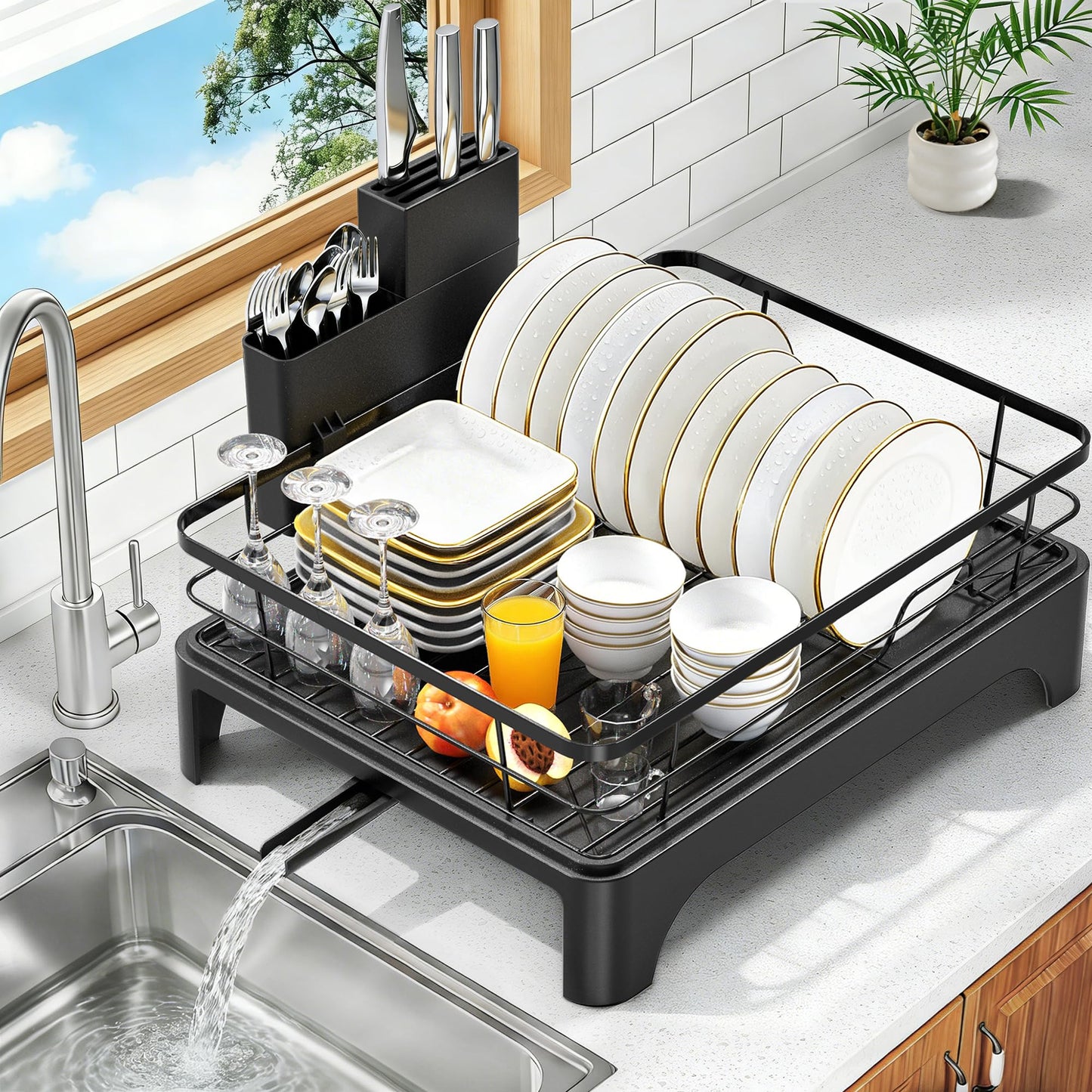 OERPHO Dish Drying Rack for Kitchen Counter, Dish Rack, Dish Drainer for Kitchen with Built-in Drain, Stainless Steel Sink Organization and Storage Essentials with Cutlery Holder (17" x 13.4", Black)