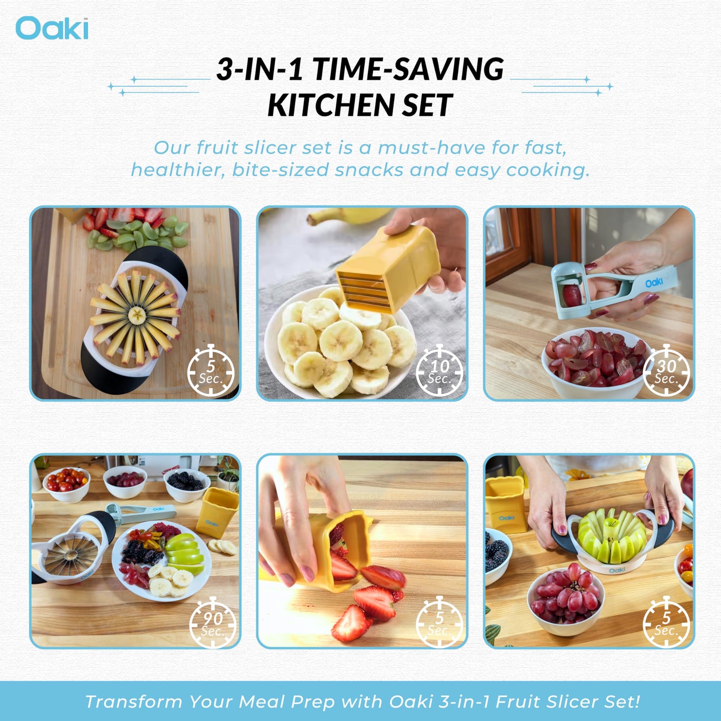 Oaki Bitty Bites Bundle | 3-in-1 Fruit Cutter Set | Apple, Grape, Strawberry Slicer & More | Precision Food Prep Slicer Set