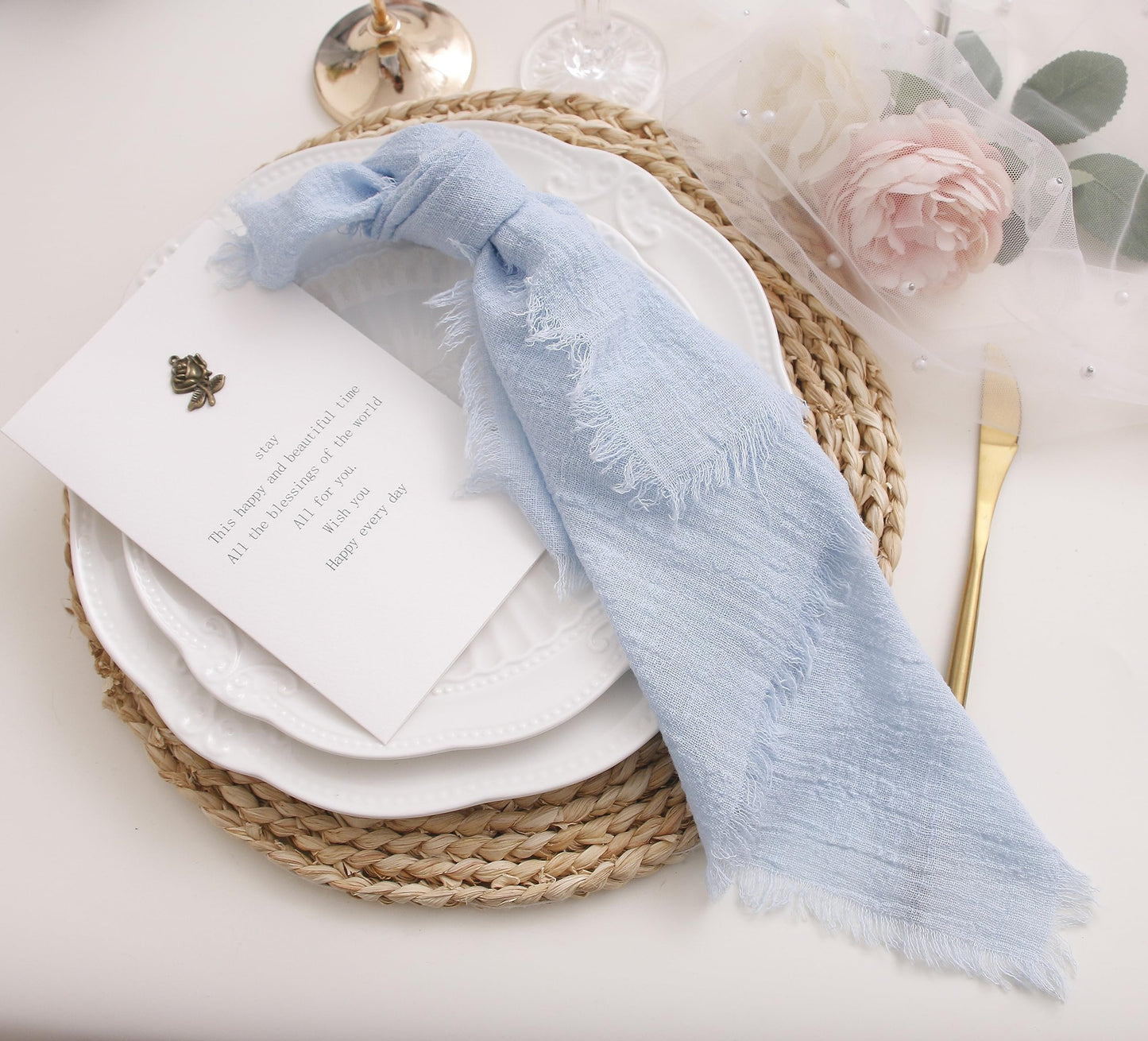 JINVASE Cloth Napkins with Fringe Set of 12,100% Soft Cotton, Gauze Washable Easter Napkins for Wedding Decorative Dinner Parties Spring, (16''*16'') Light Blue