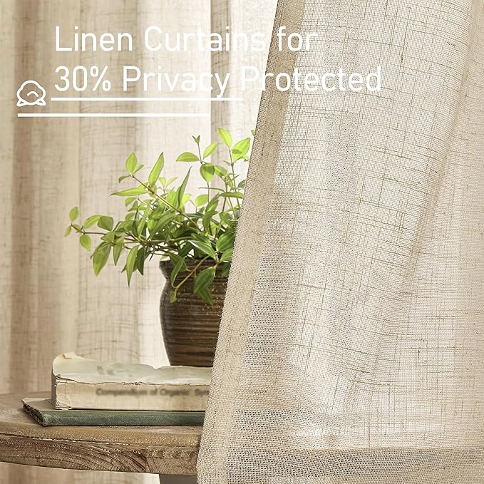 LAMIT 102 Inch Length Light Filtering Sheer Linen Curtains, Linen Textured Semi Sheer Back Tab and Rod Pocket Natural Boho Drapes for Living Room/Farmhouse, 2 Panels, Brown, 52 x 102 Inch