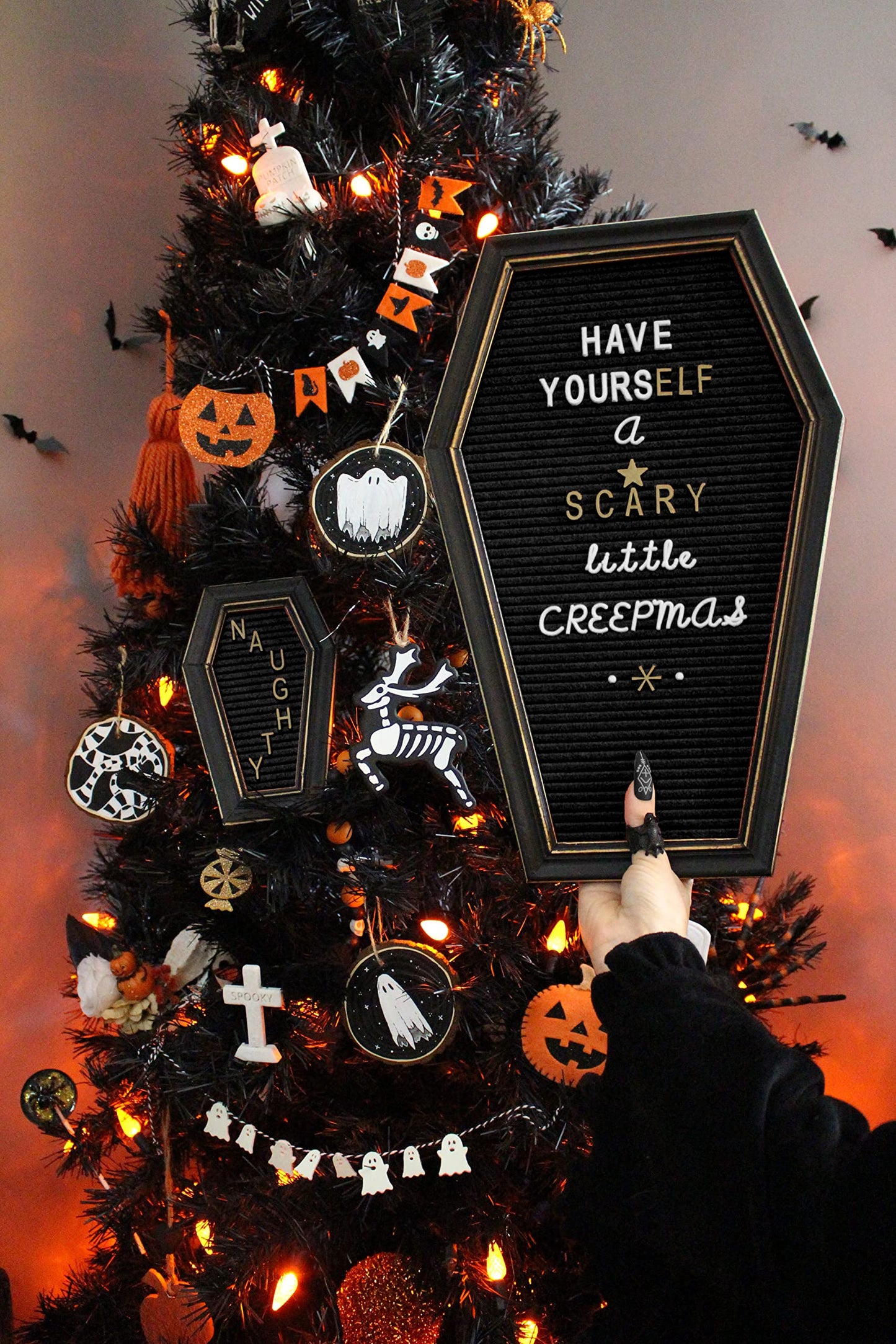 Coffin Letter Board Sign [Large and Mini Combo] - Witchy Decor Aesthetic, Gothic Home Decor Word Board With Letters Changeable Letter Board Sign Goth Room Decor Coffin Pin Board, Emo Room Decor Black