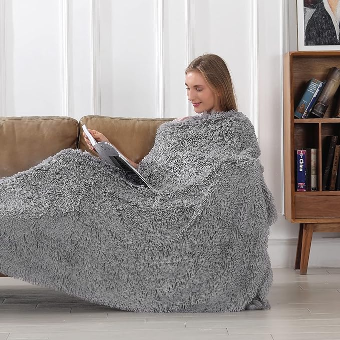 Tuddrom Decorative Extra Soft Faux Fur Throw Blanket 50"x60",Solid Lightweight Fuzzy Reversible Long Hair Shaggy Blanket,Fluffy Cozy Plush Mink Fleece Comfy Microfiber Blanket for Couch Sofa Bed, Grey