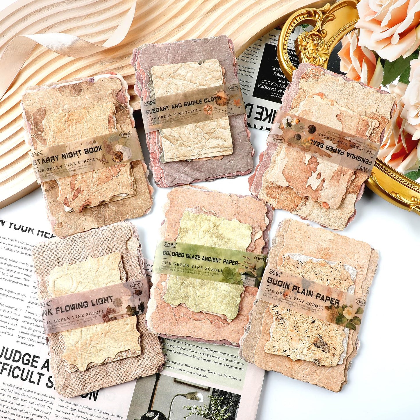 168 Pcs Textured Scrapbook Paper Assorted Set, 6 Pack Embossed Scrapbook Supplies Kit Mixed Special Printed Rice Paper for Scrapbooking Planner Bullet Junk Journal Decoupage Supply Mixed Media Collage