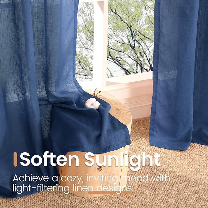 BGment Navy Blue Linen Curtains 63 Inch Length for Living Room, Semi Sheer Window Drapes Light Filtering Decor with Rod Pocket Lightweight for Dining Room Bedroom, 2 Panels Set, Each 52 Inch Wide