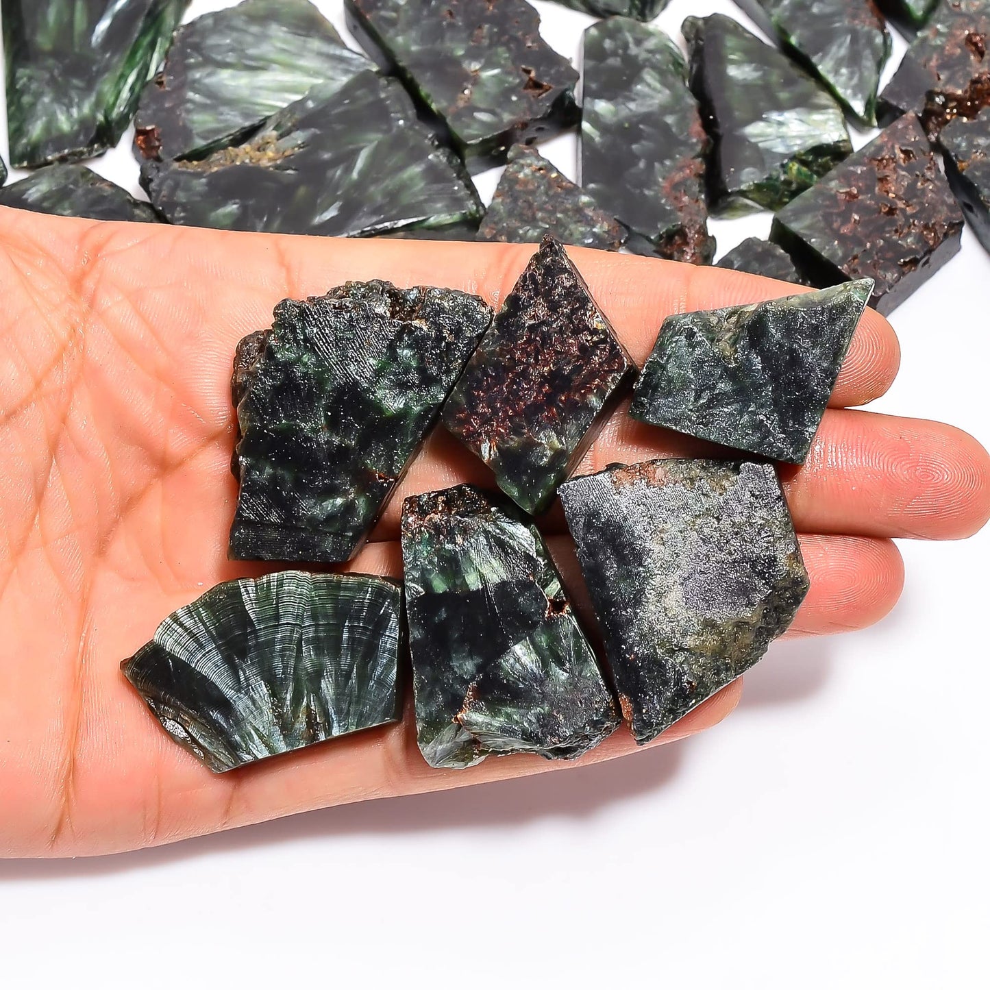 Natural Seraphinite Raw Slice Gemstone- Healing Crystals for DIY Jewelry Making -Loose Natural Cabochon -Perfect for Crafting Unique Jewelry Designs (5 pcs, 25-35 mm)