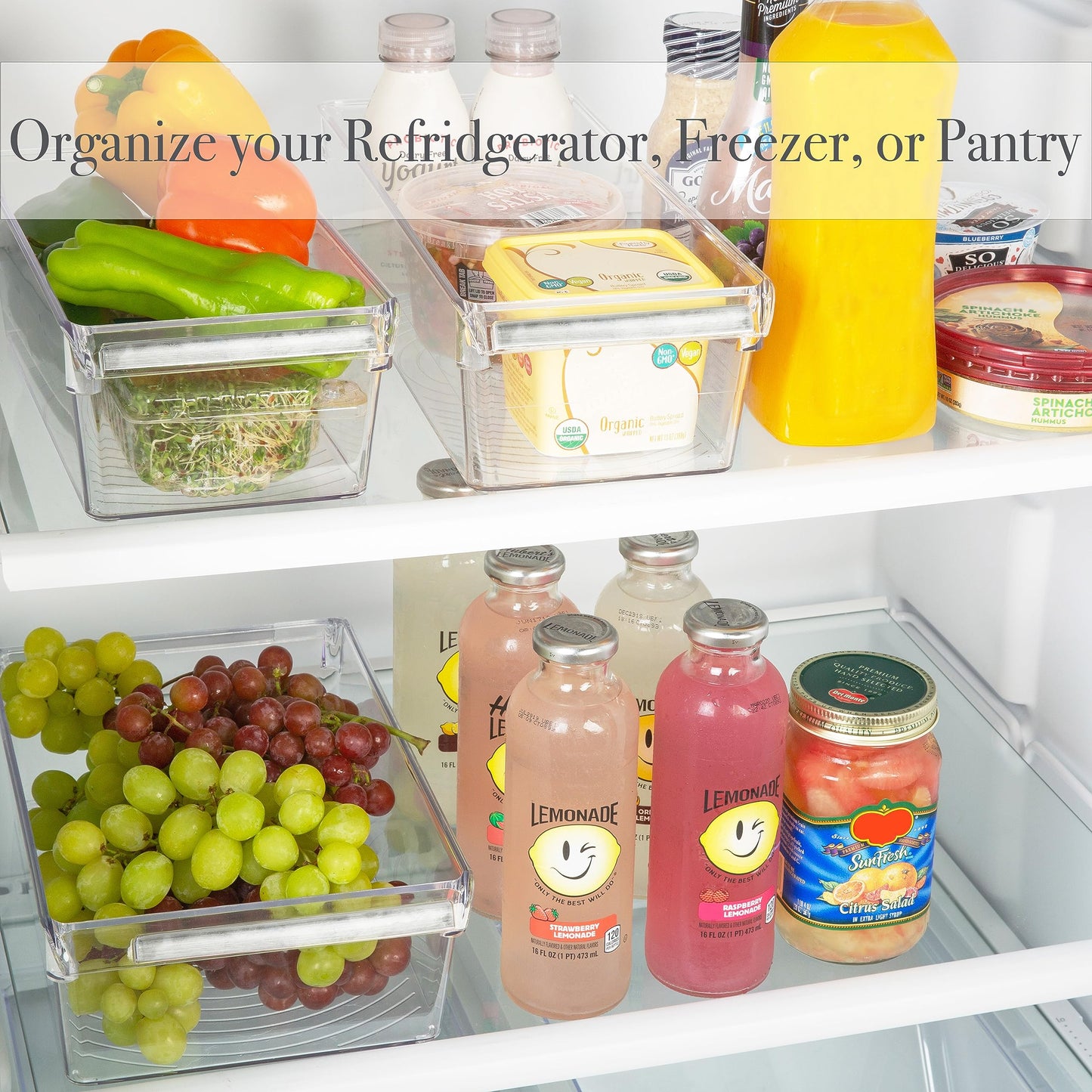 Kitchen Details 2 Pack Slim Refrigerator Storage Bin | Fridge & Freezer | Kitchen Organization | Stainless Steel Handle | Countertop | Cabinets | Pantry | Clear