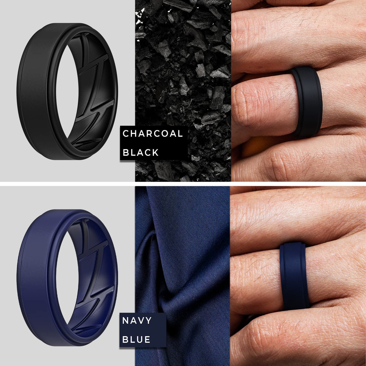 ThunderFit Silicone Wedding Rings for Men Breathable Airflow Inner Grooves, Step Edge Sleek Design Rubber Engagement Bands 8mm Wide 2mm Thick, Variety Multipack 1-7