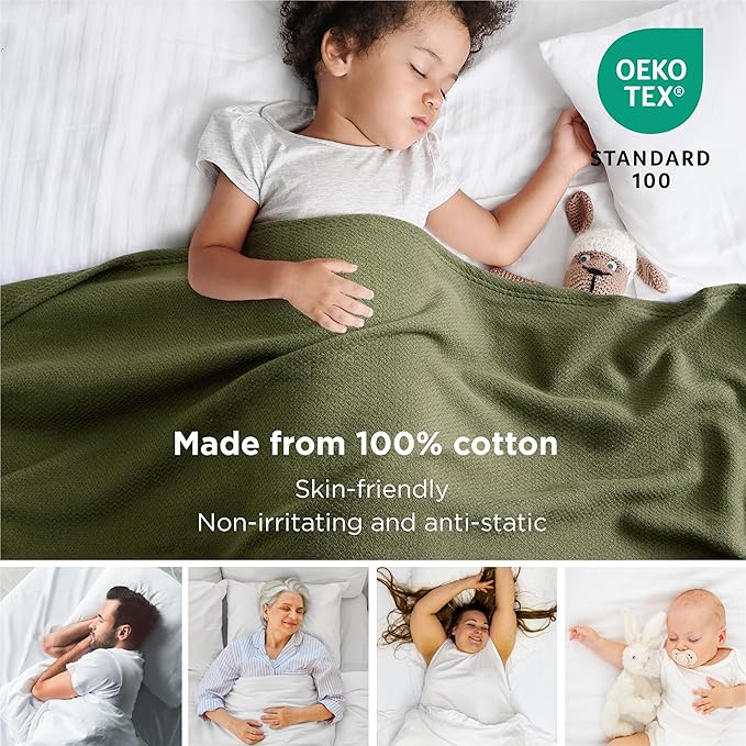 Bedsure 100% Cotton Blanket Twin XL Size for Bed - Breathable and Lightweight, Soft Cozy Textured Herringbone Woven Blanket for Summer Spring, Olive Green, 66x90 inches