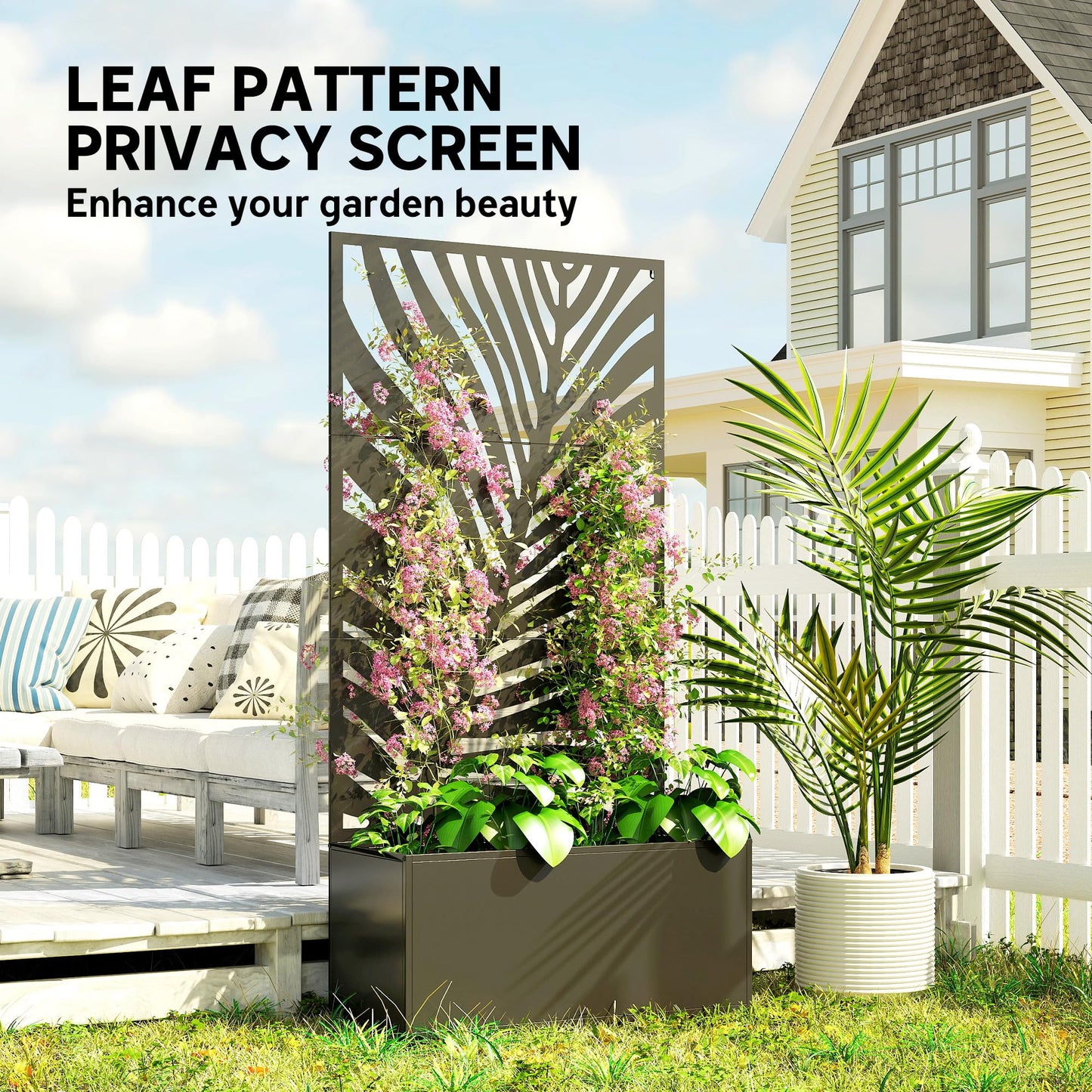Outsunny Metal Planter Box with Trellis, 71" Tall Raised Garden Bed with Trellis Privacy Screen for Climbing Plants, Large Leaf Cut-Out Privacy Planter for Garden, Patio, Balcony