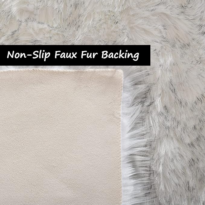 Goolela Sheepskin Area Rug 8x10 Fluffy Fuzzy Furry Carpet for Living Room Bedroom Faux Fur Plush Rectangle - White and Grey Tips