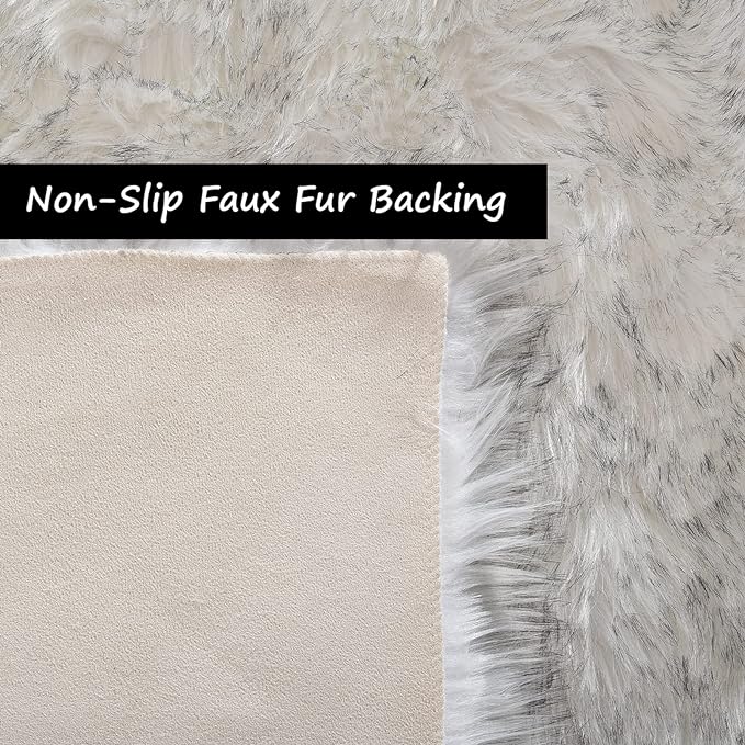 Goolela Fluffy Faux Sheepskin Fur Rug 4x6 White with Grey Tips Fuzzy Furry Plush Rug for Bedroom Living Dining Room Office Soft Shaggy Carpet Rectangle