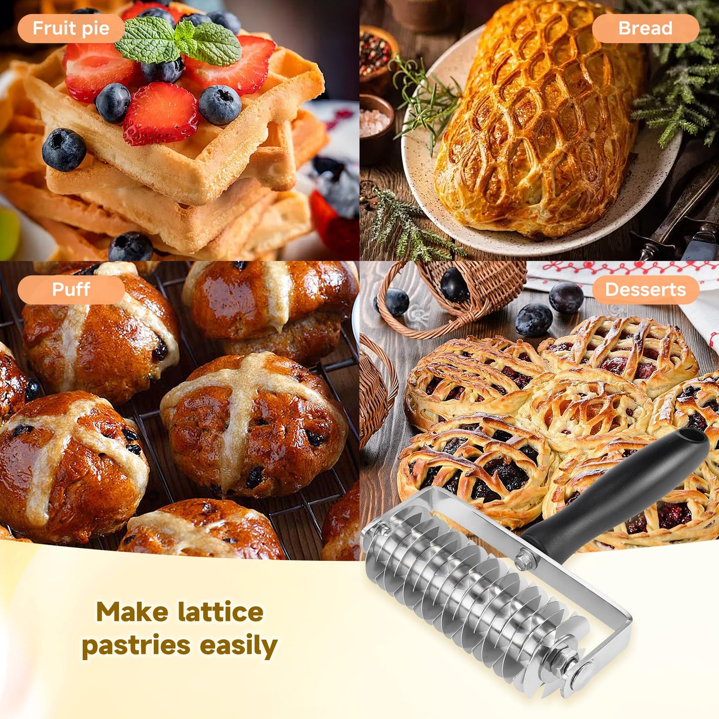 Pastry Lattice Roller Cutter - Stainless Steel Professional Dough Lattice Top Pie Pizza Bread Pastry Crust Lattice Roller Cutter wheel