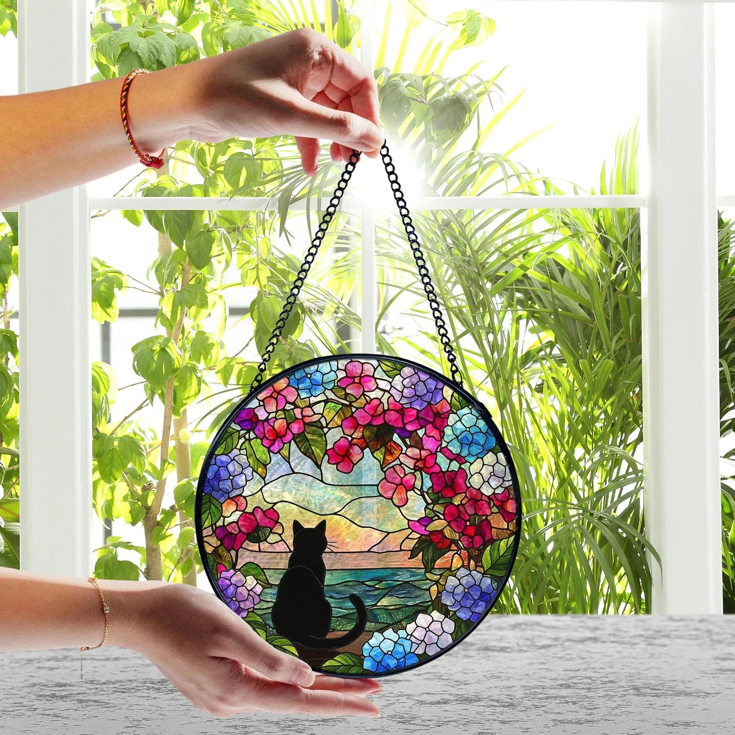 FUGWN Black Cat Hydrangea Flower Stained Glass Window Hanging, Black Cat Sun Catchers Indoor Window Round Glass Wall Art Decor, Cats Floral Suncatcher Wall Hanging Decorations, Lawn Care