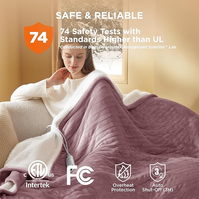 Bedsure Electric Twin Blanket - Soft Flannel & Sherpa, 6 Heat & 10 Time Settings, Purple, 62x84 inches