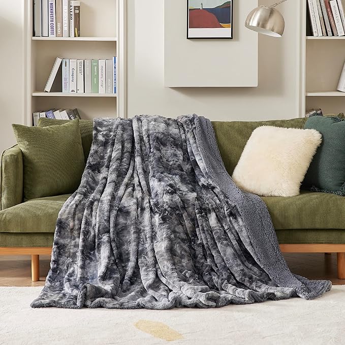 Bedsure Sherpa Fuzzy Throw Blanket - Soft, Warm and Cozy Throw for Women, Plush & Fluffy Faux Fur Blanket for Couch, Sofa and Bed Decor, Tie Dye Design, Grey, 50x60 Inches