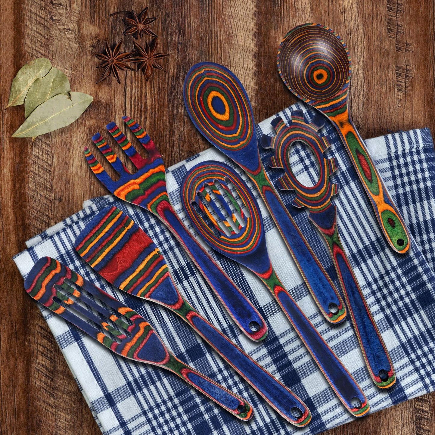 MYRAINBOW Wooden Spoons for Cooking – 7 Piece Pakkawood Kitchen Utensils Set with Spatulas, Spoons, Ladles, and Turner for Mixing, Serving & Cooking