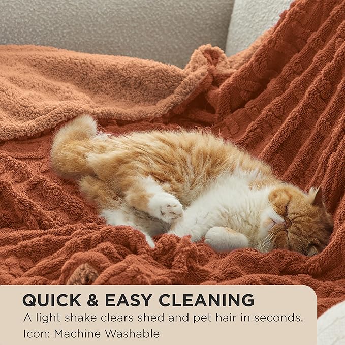 Bedsure Sherpa Fleece Blanket Twin Size for Bed - GentleSoft Fluffy & Cozy Cable Jacquard Tufted for Women Gift, Thick and Warm Blankets for Winter, Orange, 60x80 Inches