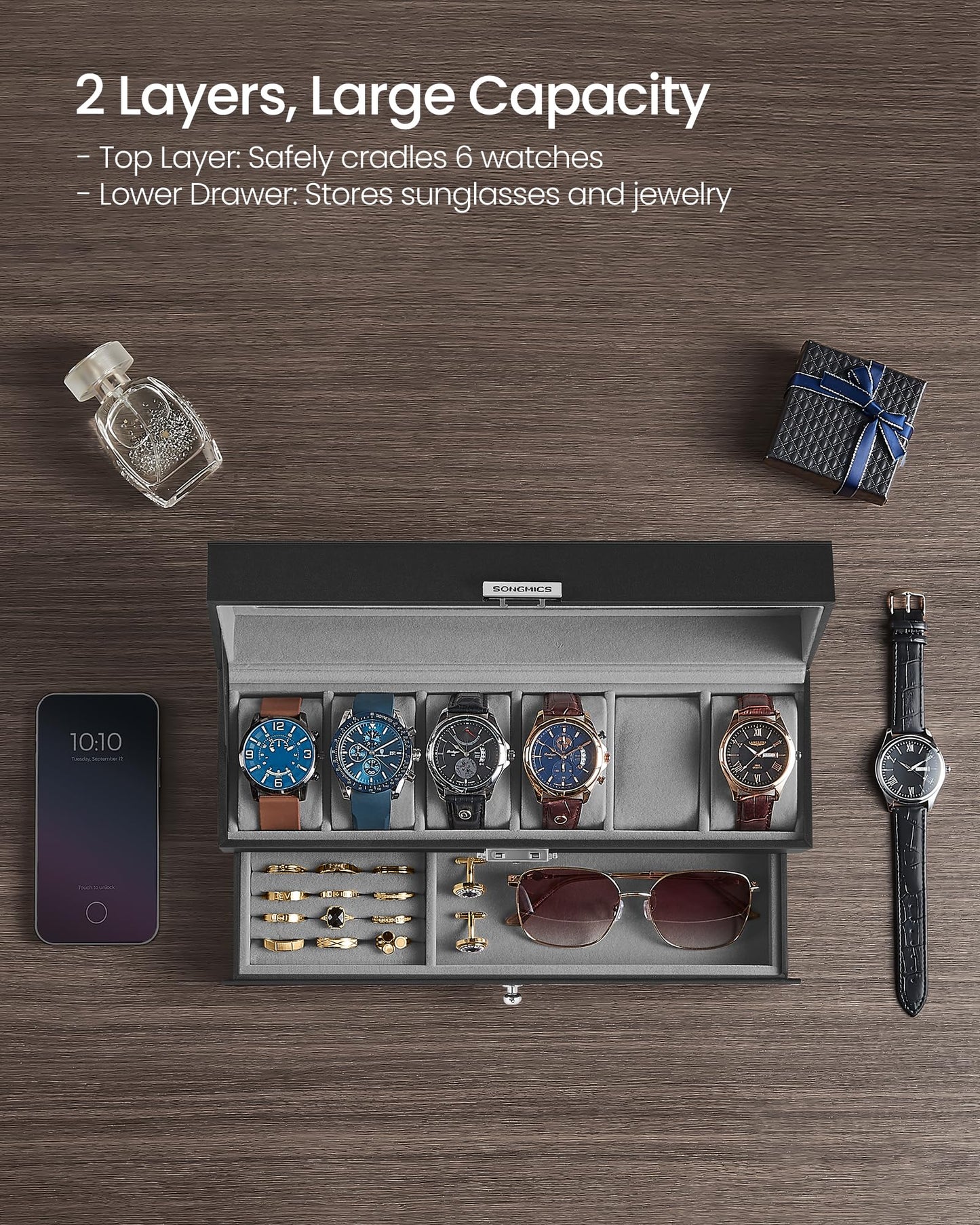 SONGMICS Watch Box, 6-Slot Watch Case Organizer with Large Glass Lid, 2 Layers, Removable Pillows, Metal Lock, Gift for Loved Ones, Black Synthetic Leather, Gray Lining UJWB060G01