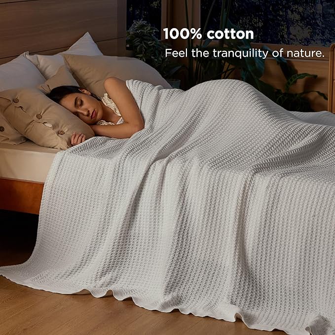 Bedsure 100% Cotton Blanket Queen Size for Bed - Breathable and Soft, Waffle Weave Blanket for Summer Spring, White, 90x90 Inches