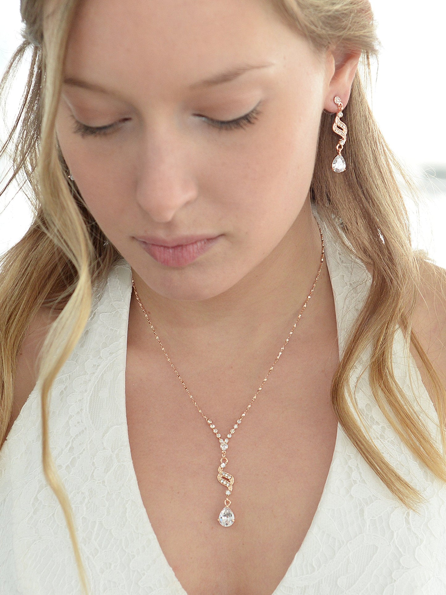 Mariell Rose Gold Cubic Zirconia Prom Jewelry Set, Necklace & Earrings Set for Wedding, Bride, Bridesmaid