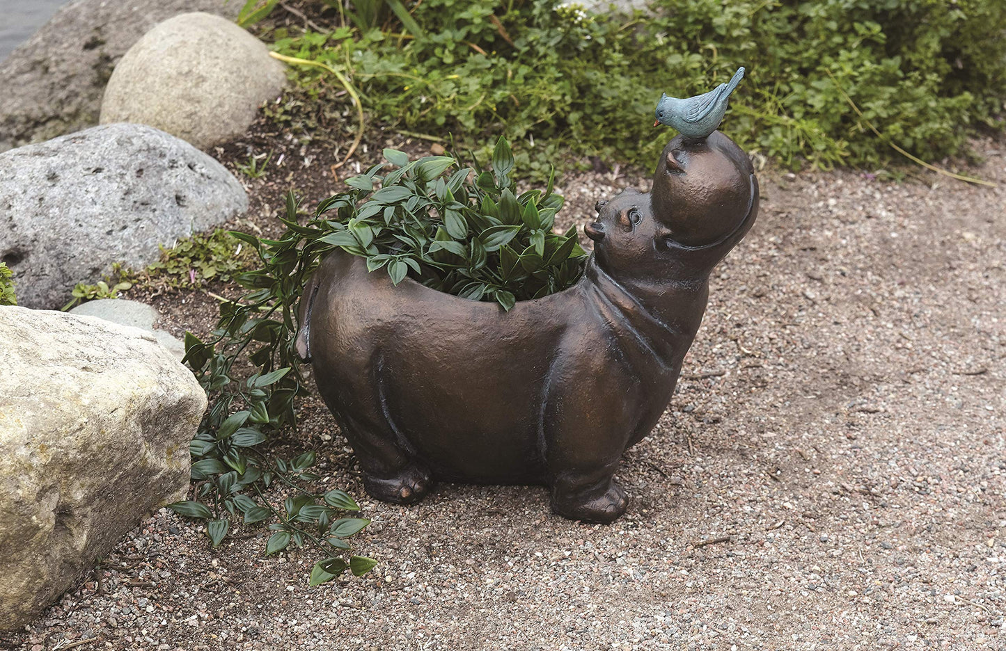 13"H Hippo with Bird Planter