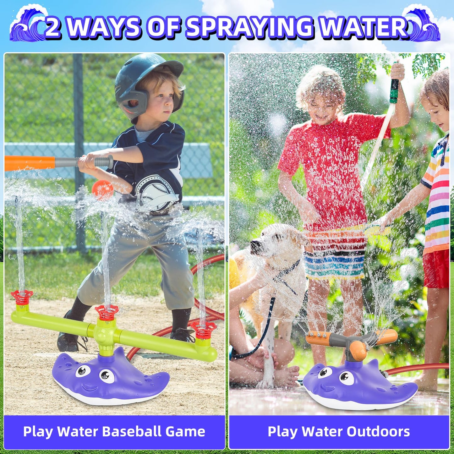 PWSOMJ 2-in-1 Water Sprinkler Baseball Toy Set for Kids, Summer Outdoor Water Game with 2 Sprinkler Heads, 360° Rotating Sprinkler for Backyard Summer Fun