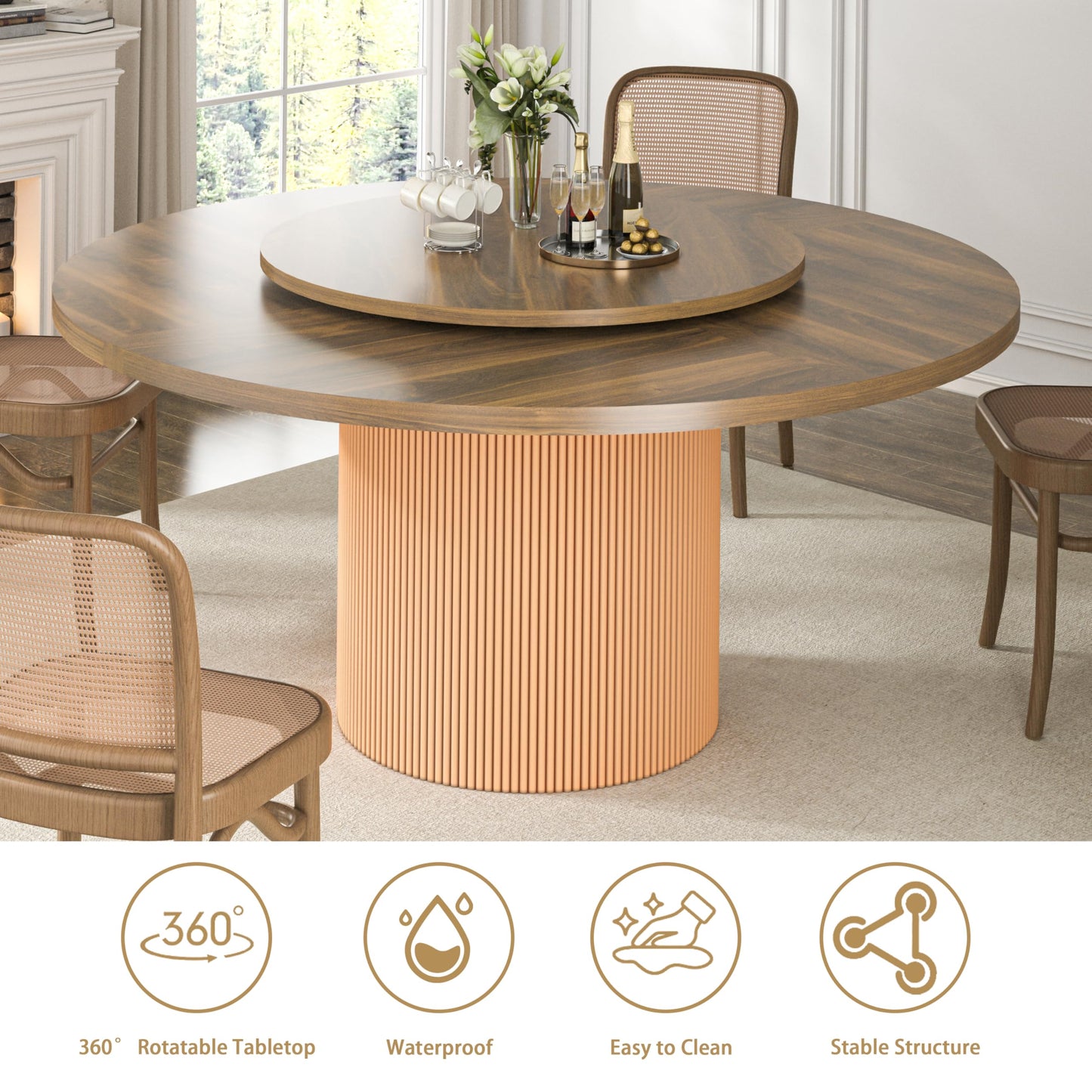 55 Inch Round Dining Table for 6 with Lazy Susan, Modern Farmhouse Kitchen Table with Wood Strip Base for Dining Living Room, Brown