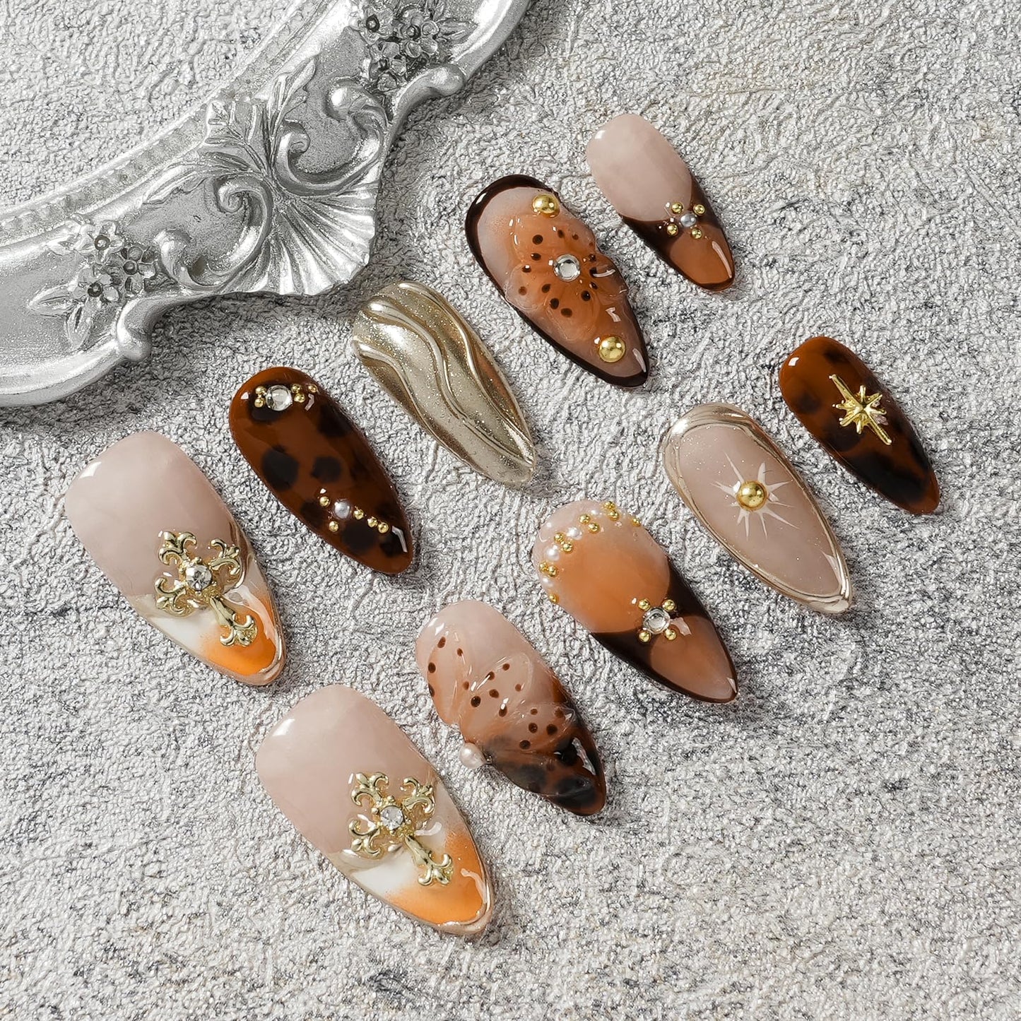 Tesytto Luxury Handmade Press on Nails - Gothic Gold Cross & 3D Floral Medium Almond, Vintage Pearl Rhinestone Glossy Salon Quality Nails (Orange Diamond Sweet Luxury,M)