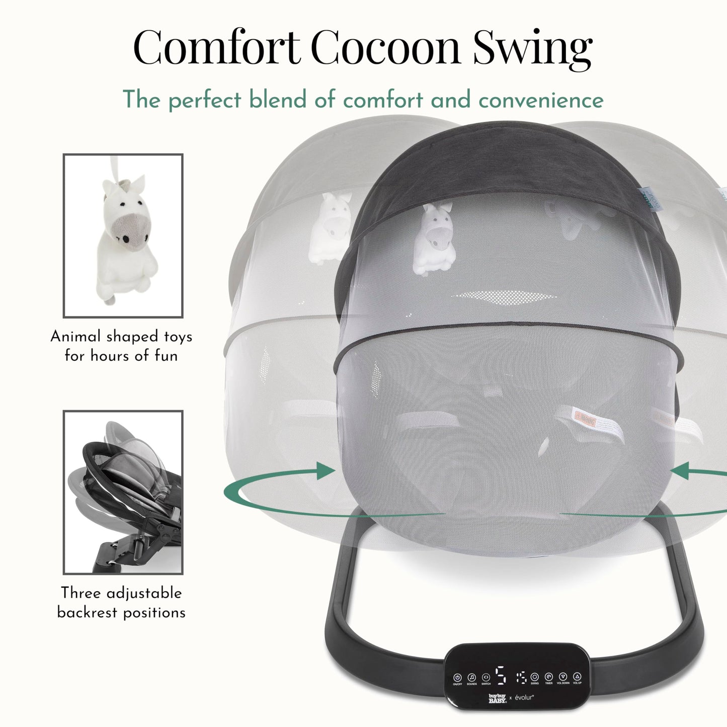 Evolur Comfort Cocoon Baby Swing with TUYA Voice Control, 5-Speed Sway with Remote, Touchscreen Motion & Music, Removable Canopy & Toys, 5-Point Safety Harness – Black