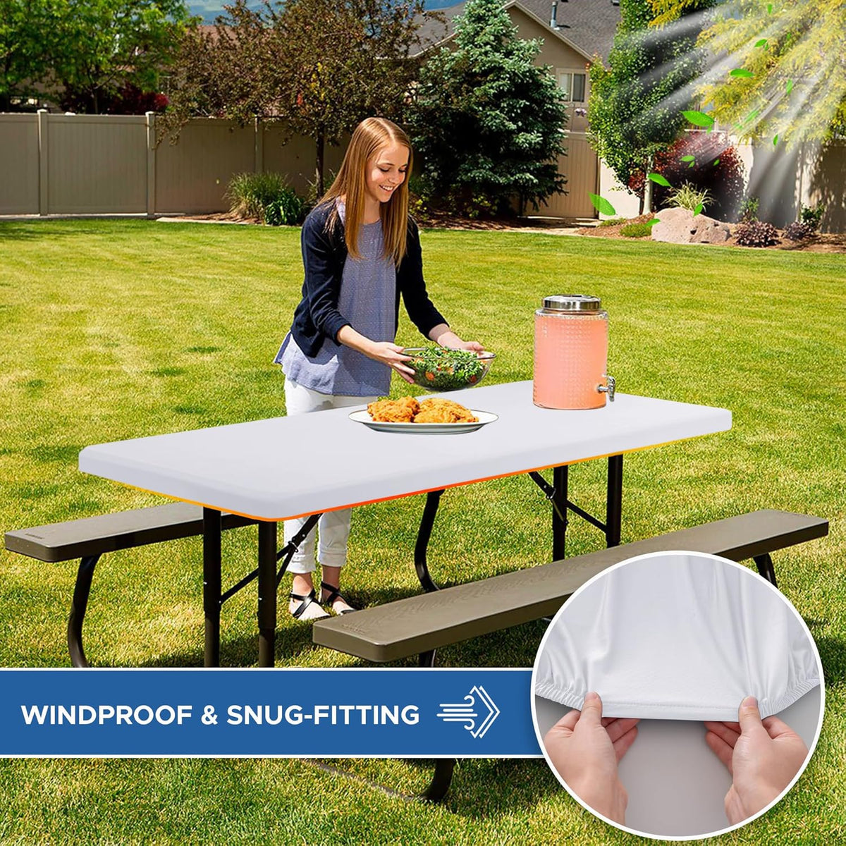 Fitted Tablecloth for 8 Foot Rectangle Tables-6 Pack White Elastic Outdoor Picnic Table Cover-Spandex Stretch Folding Table Cloths 8ft for Camping Dining Room Patio Kitchen Banquet Party