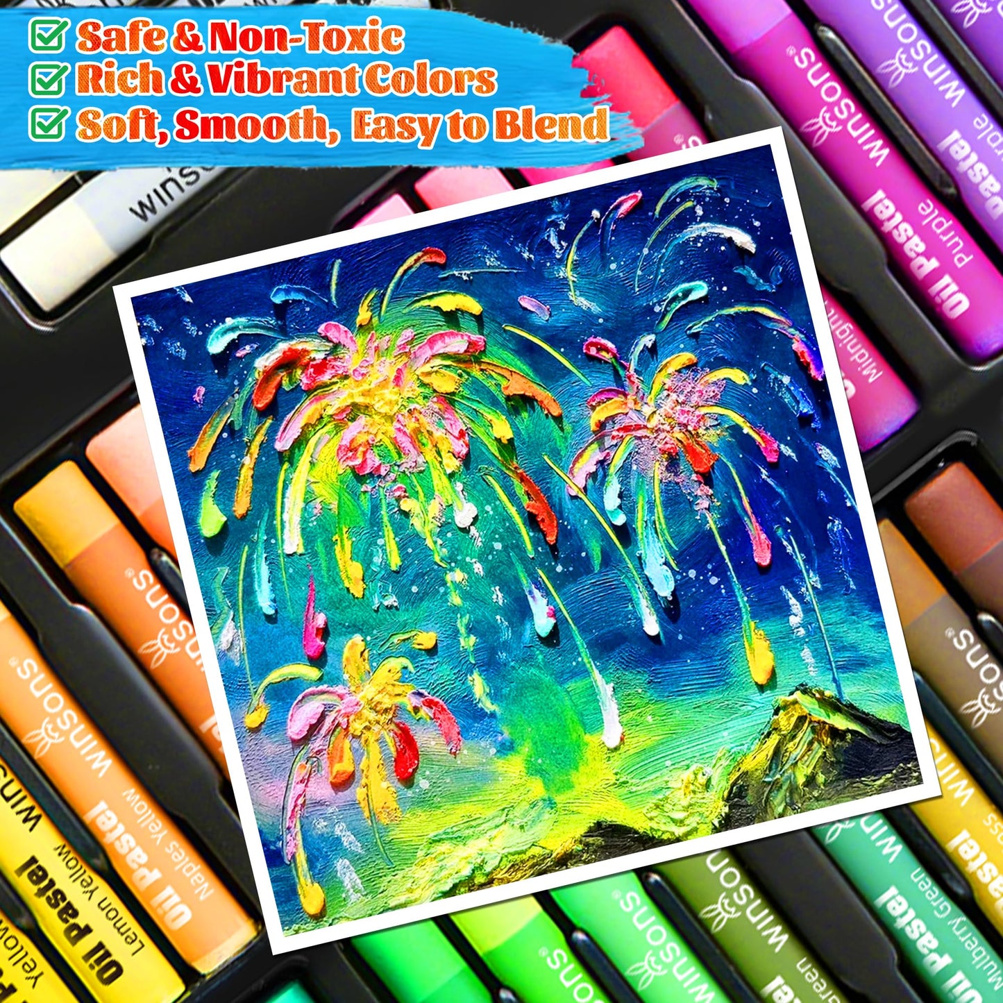 WINSONS 65 PCS Oil Pastel Set, 48 Soft Colors & Extra 4 White Pastels, Complete Art Kit with Holder, Scraper, Sharpener & Pastel Paper – Non-Toxic, Smooth Blending for Artists & Beginners