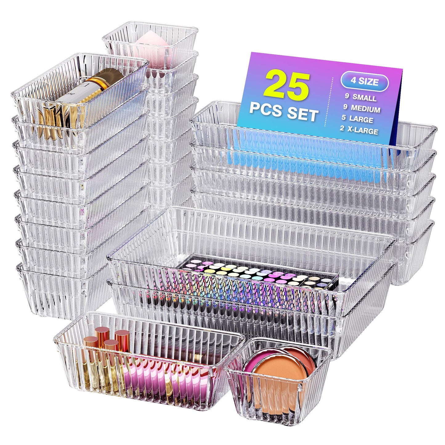 Okylvve 25 PCS Clear Plastic Drawer Organizer Set - 4 Sizes Makeup Organizer Desk Drawer Divider Bathroom Organizers and Storage Bins for Makeup, Jewelry, Gadgets, Office, Kitchen, Bedroom, Bathroom