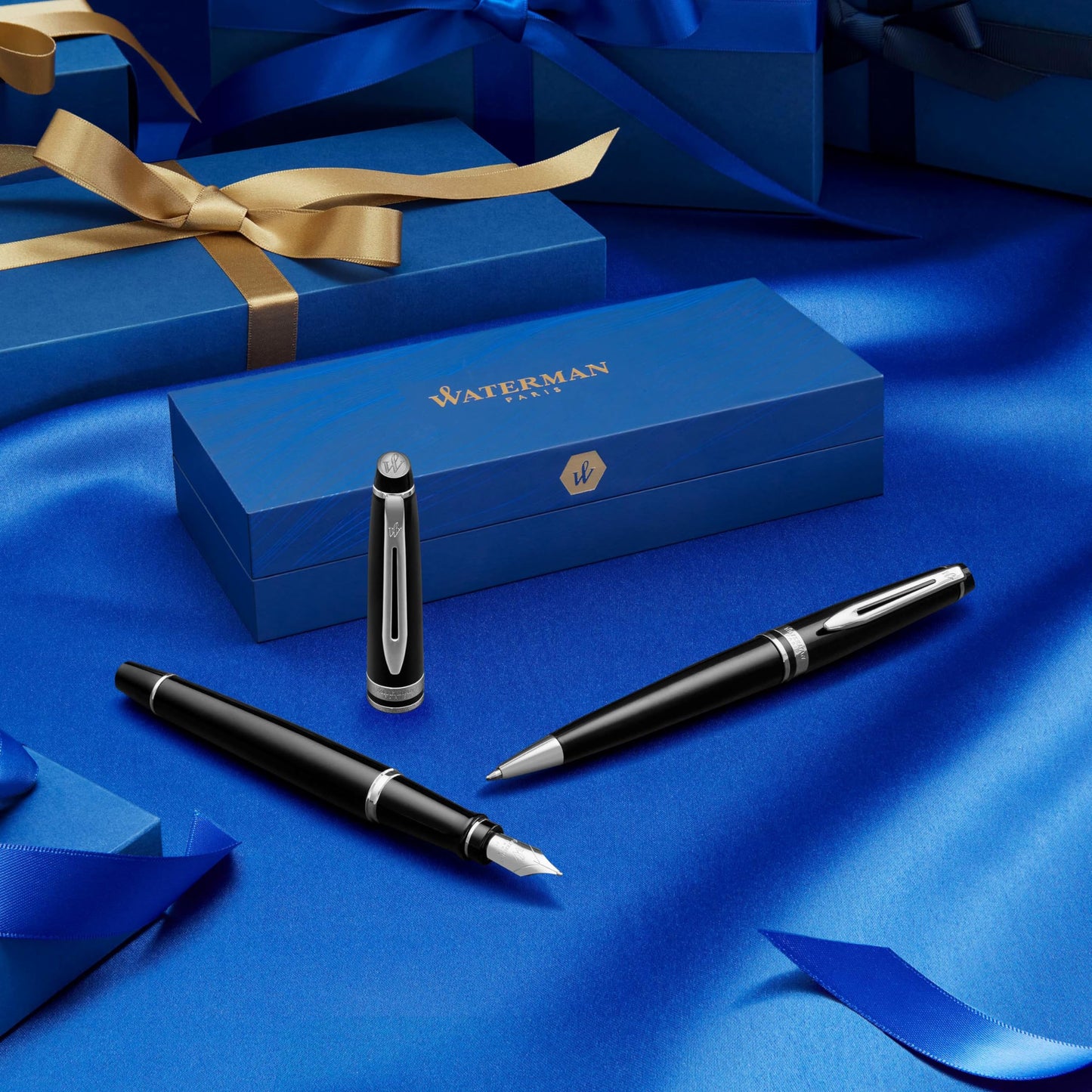 Waterman Expert Ballpoint Pen, Black with Golden Trim, Medium Tip, Blue Ink, Gift Box