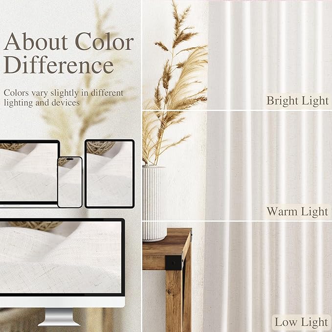 Ivory White Linen Curtains for Living Room 105 Inches Long Light Filtering Semi Sheer Curtain Back Tab Rustic Luxury Neutral Modern Farmhouse Decor Drapes for Bedroom Dinner Room 52x105, 2 Panels