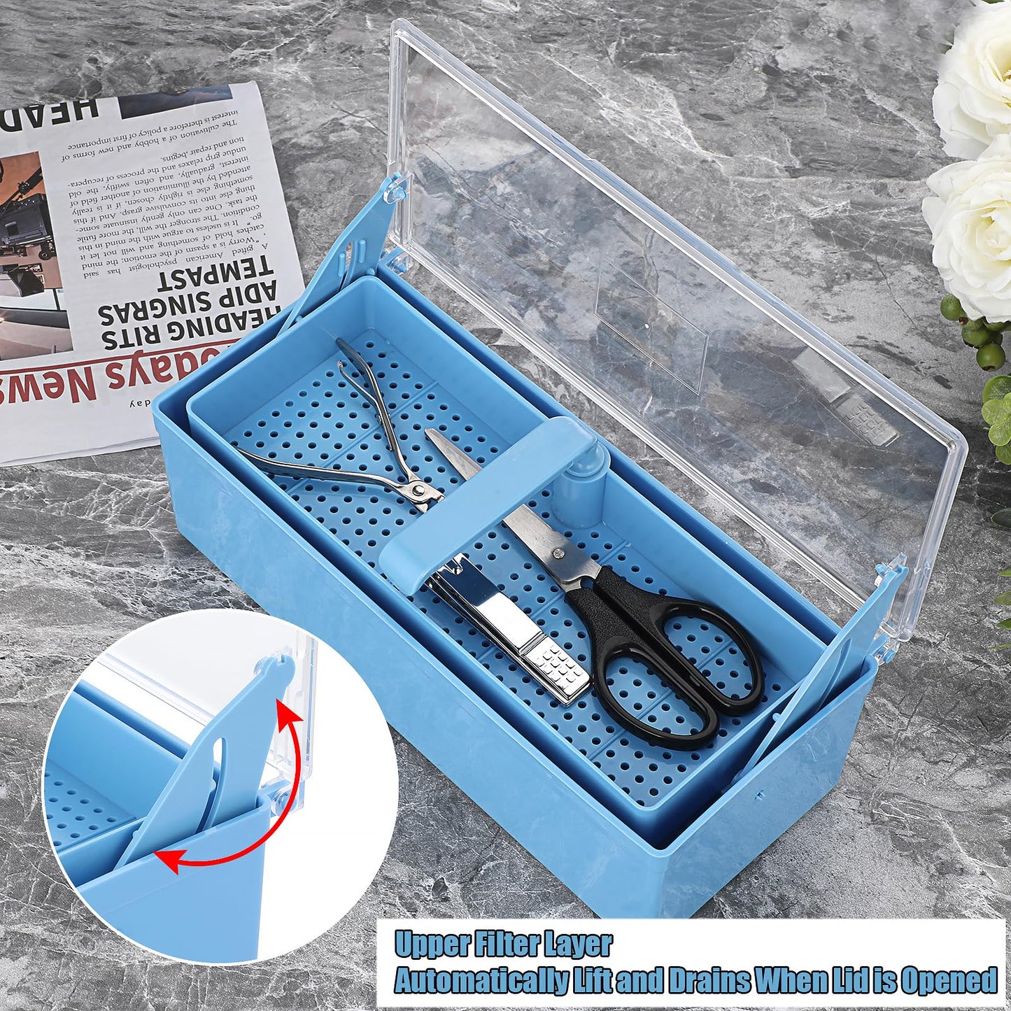 JUXYES Plastic Sterilizing Tray for Nail Art Accessories Tools, Portable Nail Art Tool Sterilizer Tray with Strainer, Storage Box Tool Box for Tweezer Manicure Tools Pedicure Tool