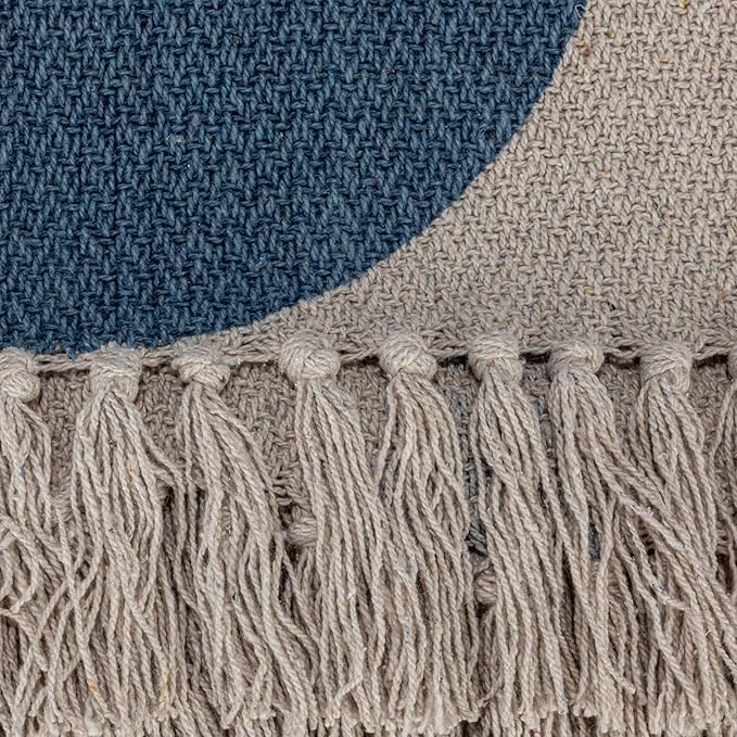 Bloomingville Woven Reclaimed Cotton Blend Printed Sheet with Abstract Design and Fringe, Blue and Beige Throw Blanket